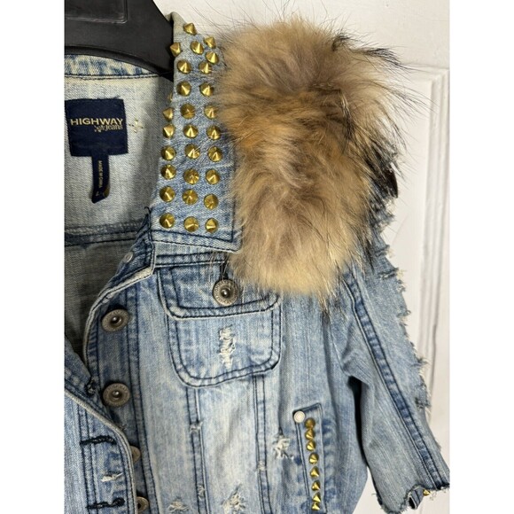 Custom Fox Fur Denim Spiked Jacket‎ Jeans Rock Metal Punk Luxury Glam Large - Picture 5 of 7